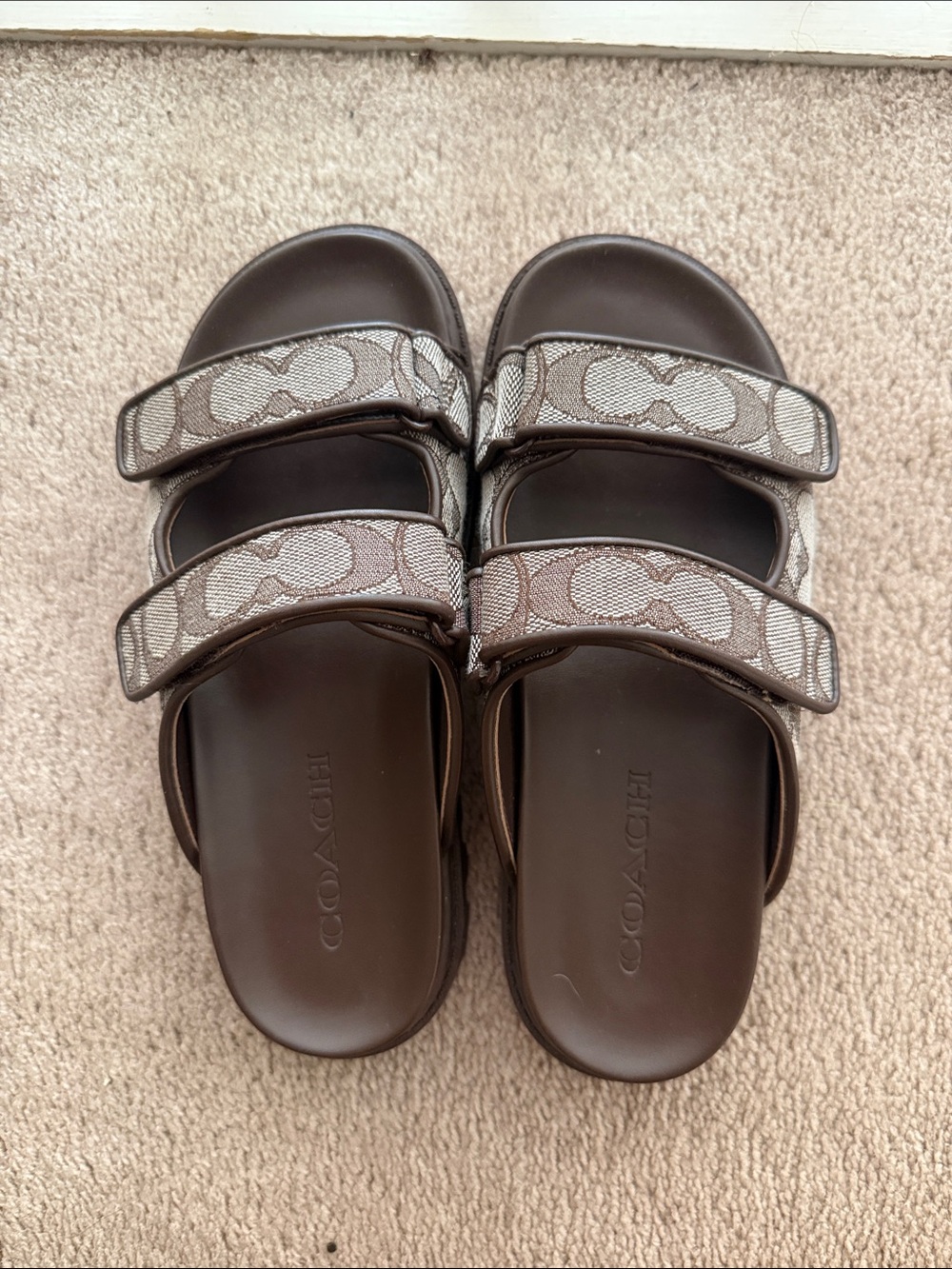 Coach Brown Signature Double-Strap Slide Sandals